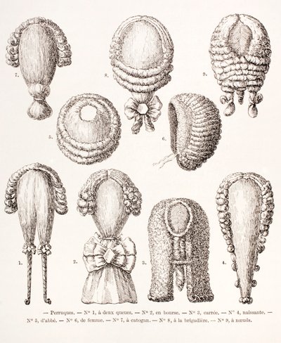 Eine Sammlung von Herren- und Damenperücken aus dem 18. Jahrhundert, 1875 von French School